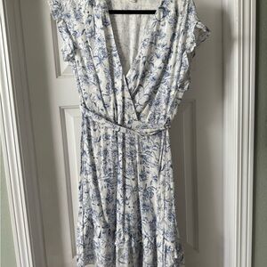 Monteau Blue and Gray Ruffled Wrap Midi Dress
